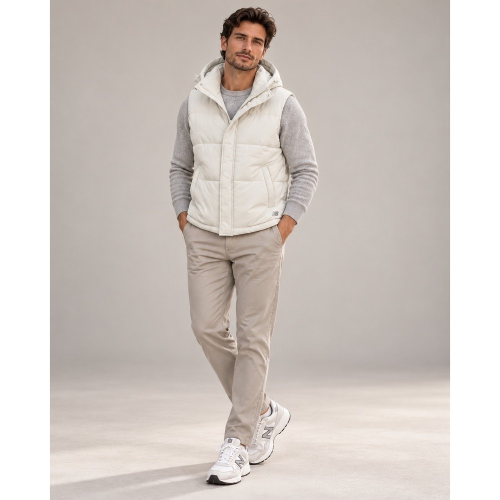 New Balance Puffer Vest Mens Large White Excellent Hooded Quilted Sleeveless